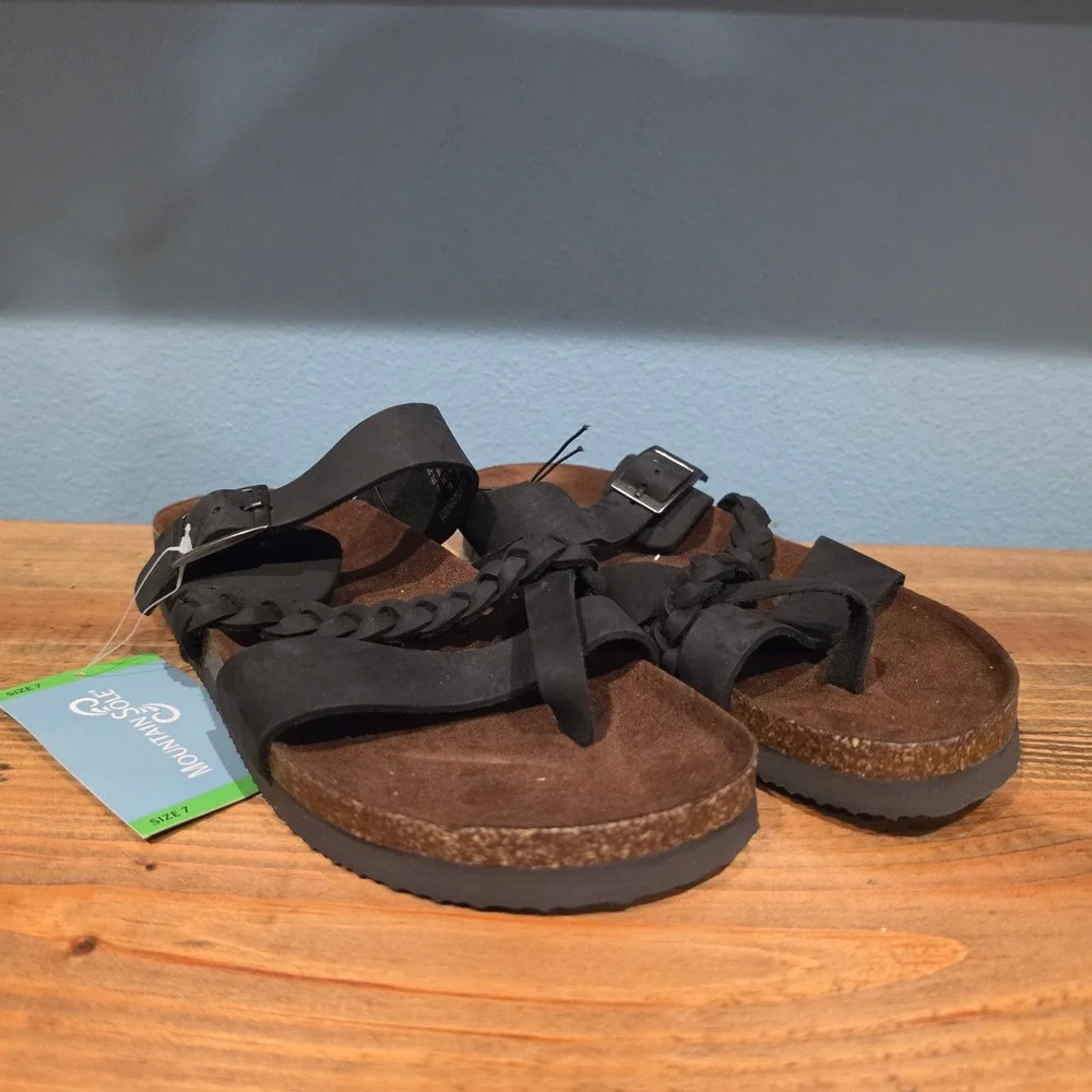Mountain Sole Womens Leather Sandal Black Braided Buckle Slide Toe Loop Size 7